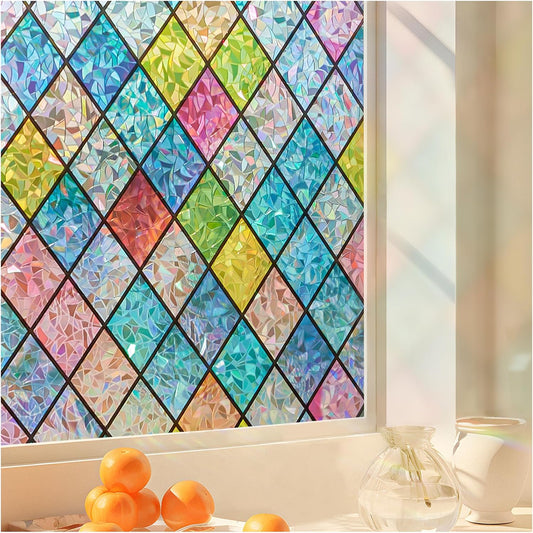 Window Privacy Film Stained Glass, Rainbow Window Film Decorative for Bathroom, Peel and Stick Window Cling Removable(Lattice,17.7 X 78.7 Inches)