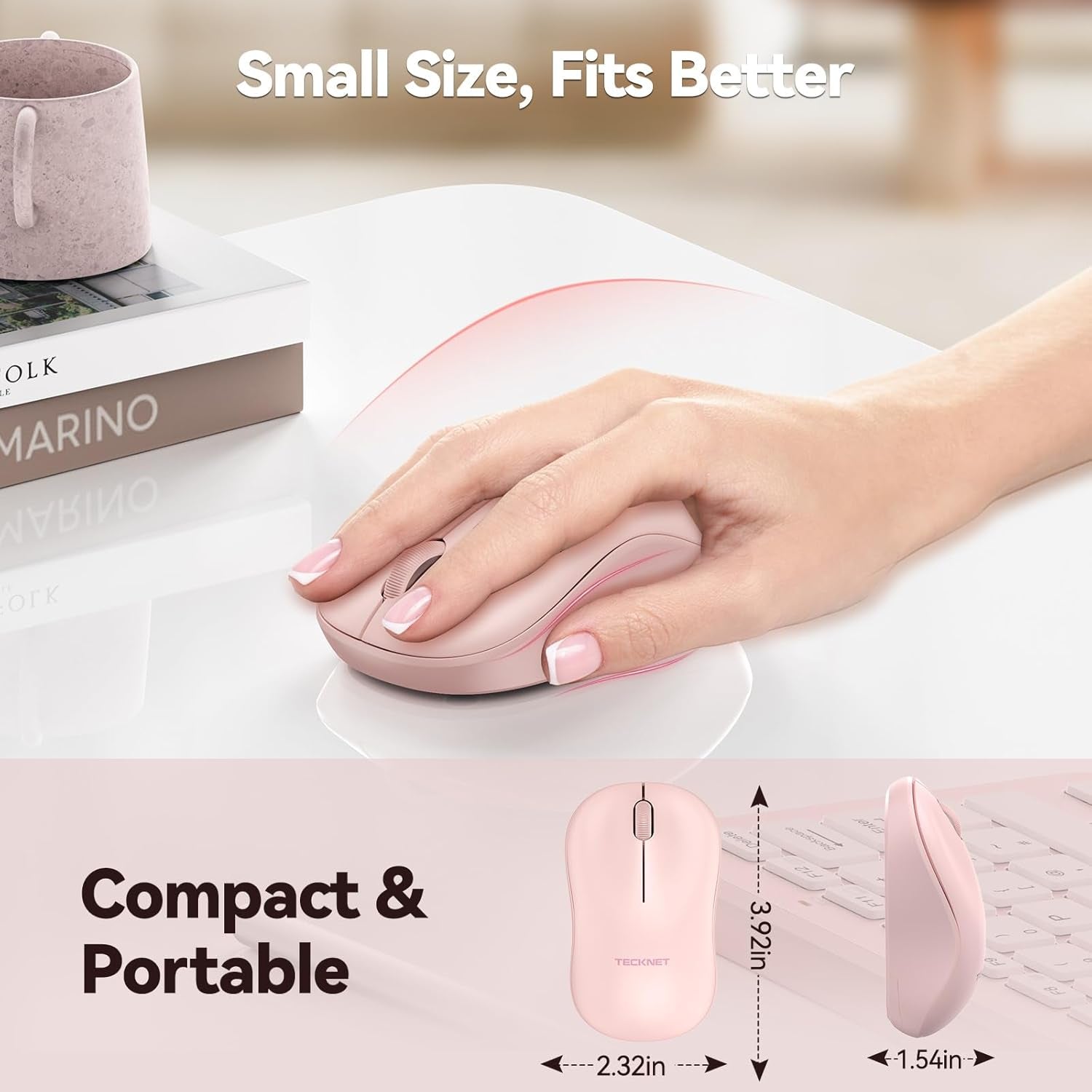 Wireless Mouse for Laptop, 2.4G Silent Computer Mouse Quiet Click with 5 DPI Levels,Contoured Grip,Small Portable 30 Months Battery Cordless Mice for PC, Chromebook, Mac - Pink