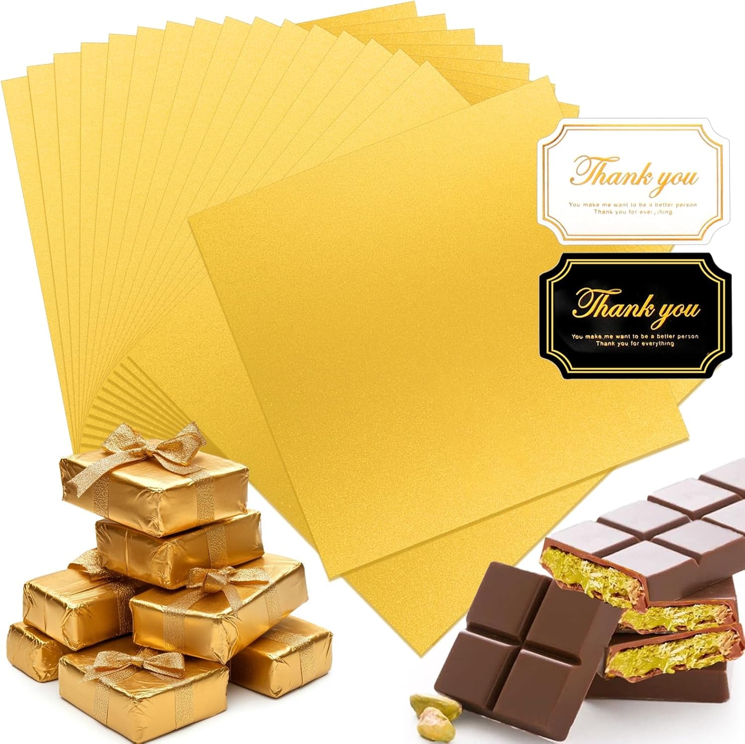 Large Dubai Chocolate Bar Pistachio Wrappers Packaging with Stickers, 100Pcs 10 Inch Chocolate Bar Gold Aluminum Foil Wrapper