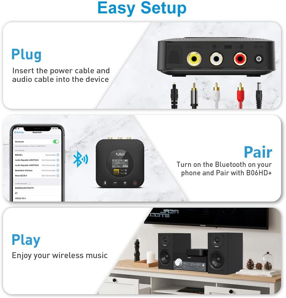 B06HD+ Hi-Res Bluetooth 5.1 Music Receiver for Home Stereo W/Ldac, Hi-Fi Bluetooth Adapter W/Audiophile DAC Aptx HD Volume Control OLED Display, Wireless Audio Adapter for AV Receiver/Amplifier