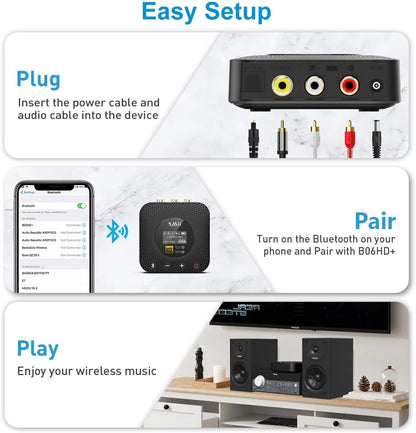 B06HD+ Hi-Res Bluetooth 5.1 Music Receiver for Home Stereo W/Ldac, Hi-Fi Bluetooth Adapter W/Audiophile DAC Aptx HD Volume Control OLED Display, Wireless Audio Adapter for AV Receiver/Amplifier