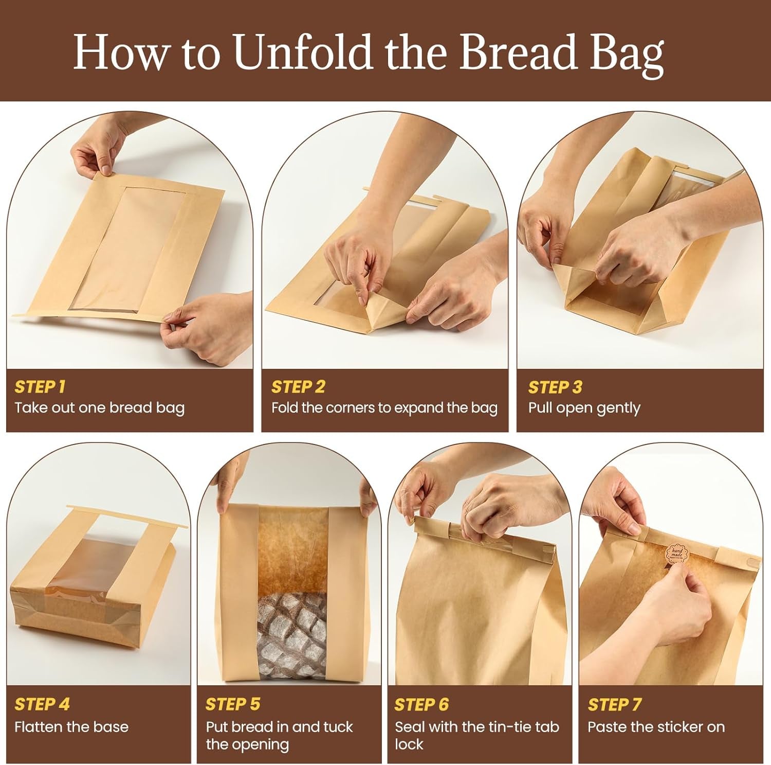 100 Pack Paper Bread Bags with Tin Tie Lock & Clear Window - Large Bakery Bags for Homemade Sourdough Bread, Cookies, Snacks Storage 14"X8.3"X3.5" Includes Seal Stickers