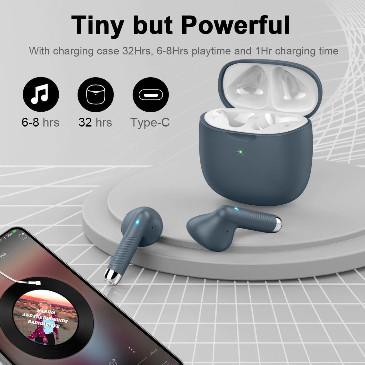 Wireless Earbuds, Bluetooth 5.3 Headphones in Ear with Noise Cancelling Mic, Bluetooth Earbuds Stereo Bass, IP7 Waterproof Sports Earphones, 32H Playtime USB C Charging Ear Buds Gray for Android Ios