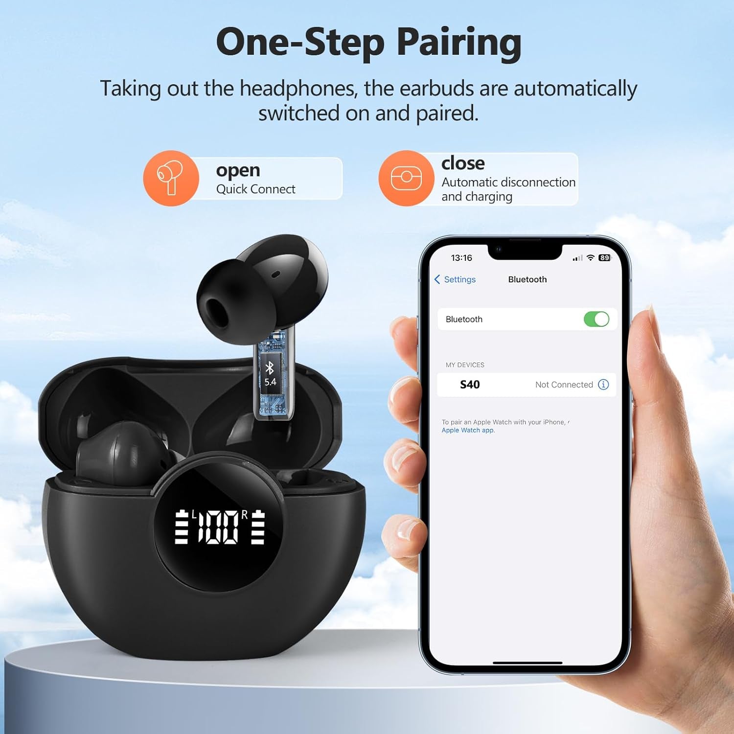 Wireless Earbuds 2025 NEW Bluetooth 5.4 Headphones Bass 3D Stereo, In-Ear Earphones with 4 ENC Noise Cancelling Mic, 48H Playtime with LED Display, IPX7 Waterproof for Laptop Pad Android Ios, Black