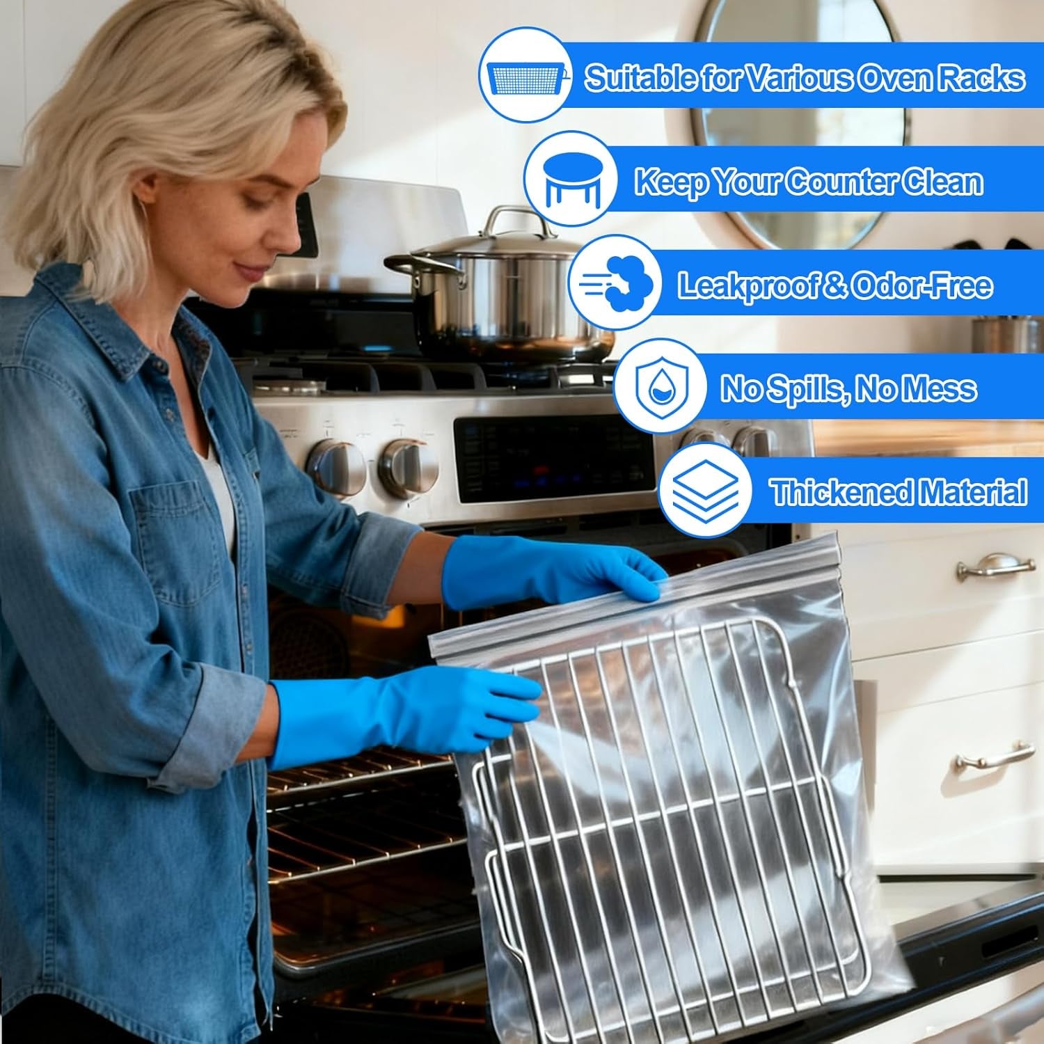 Oven Rack Cleaning Bags, Heavy Duty No Scrub Oven Rack Cleaning Bags, Reusable Leak-Resistant PE Bags for Deep Soaking Grill Grates, BBQ Racks, No Cleaner Included, 5 Pack