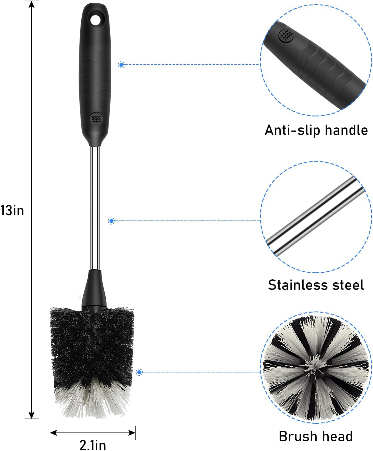 Bottle Brush of 3 Pack, 13-In Long Stainless Steel Handle Water Bottle Cleaner Brush Non-Slip Grip Bottle Brushes for Cleaning Water Bottles Sport Bottles Coffee Mugs Glasswares Cups, Black