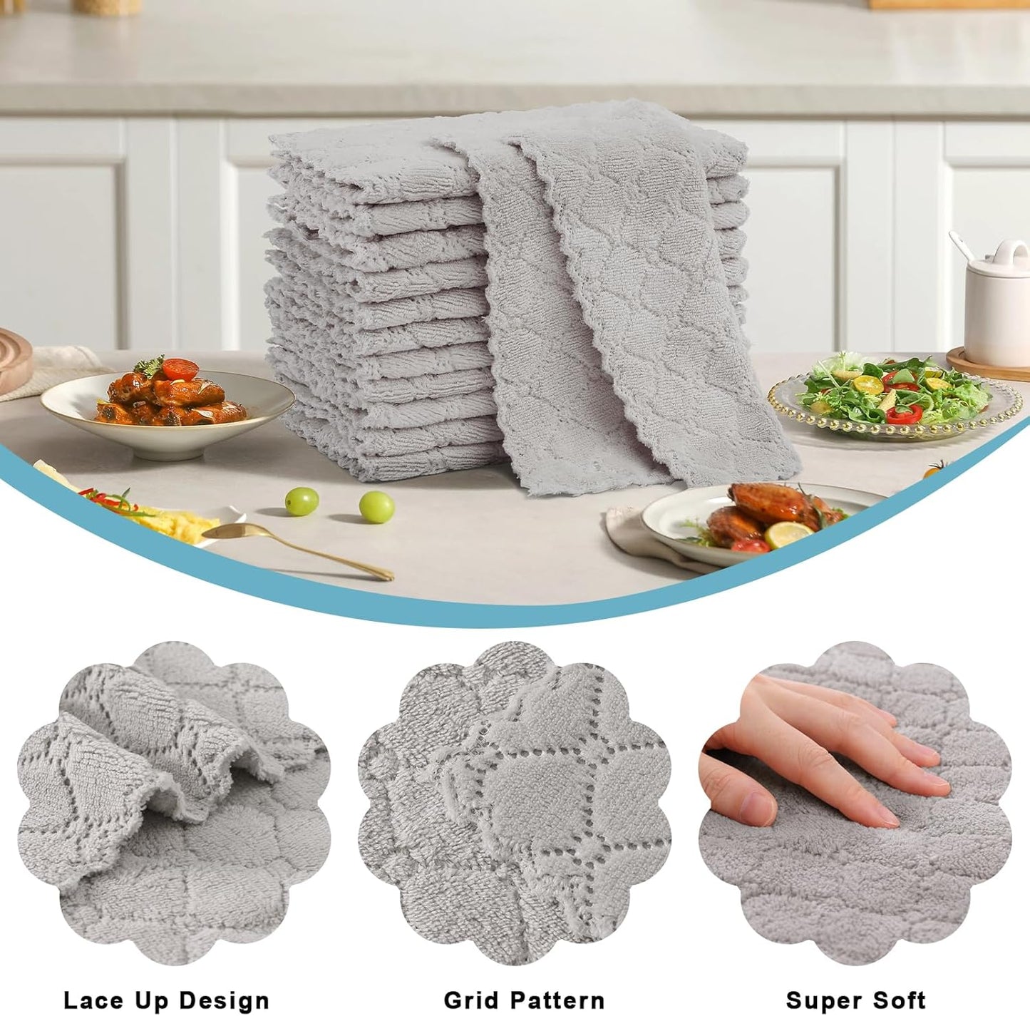 Kitchen Towels - 16 Pack Cotton Terry Checkered Black 13 X 28 Inches & 12 Pack Coral Velvet 10 X 10 Inches Grey