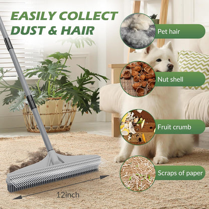 Rubber Broom, 2 in 1 Rubber Broom and Nylon Carpet Brush for Pet Hair Removal, 61" Adjustable Long Handle, Carpet Hair Cleaning Tool for Fur Rug, Stairs and Mats - Washable, Durable