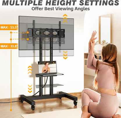 Heavy Duty Rolling TV Stand with Power Outlet for 32-83 Inch Tvs, Height Adjustable Mobile TV Cart on Wheels Holds up to 110 Lbs, Outdoor TV Stand Trolley, Max VESA 600X400Mm