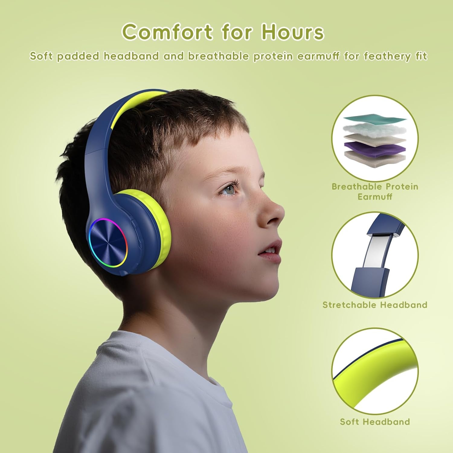 Kids Bluetooth 6.0 Headphones with LED Light, 85Hours Playtimes, Type-C Fast Charging, 85/94Db Volume Limited, Wireless Headphones with Built-In Mic, Wired & TF Card Mode, Blue and Green