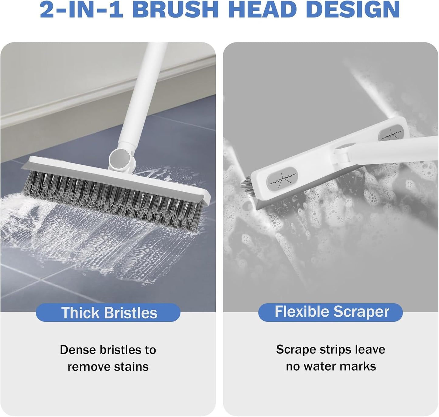 Grout Cleaner Brush with Long Handle, V-Shaped Floor Scrub Brush Swivel Grout Brush Stiff Bristle Floor Grout Scrubber for Bathroom, Tile Line, Crevice, Kitchen, Wall, Deck, Garage, White Grey