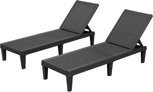 Set of 2 Outdoor Lounge Chairs, Waterproof Patio Chaise Lounges with Adjustable Backrest for Poolside, Beach, and Garden (Black)