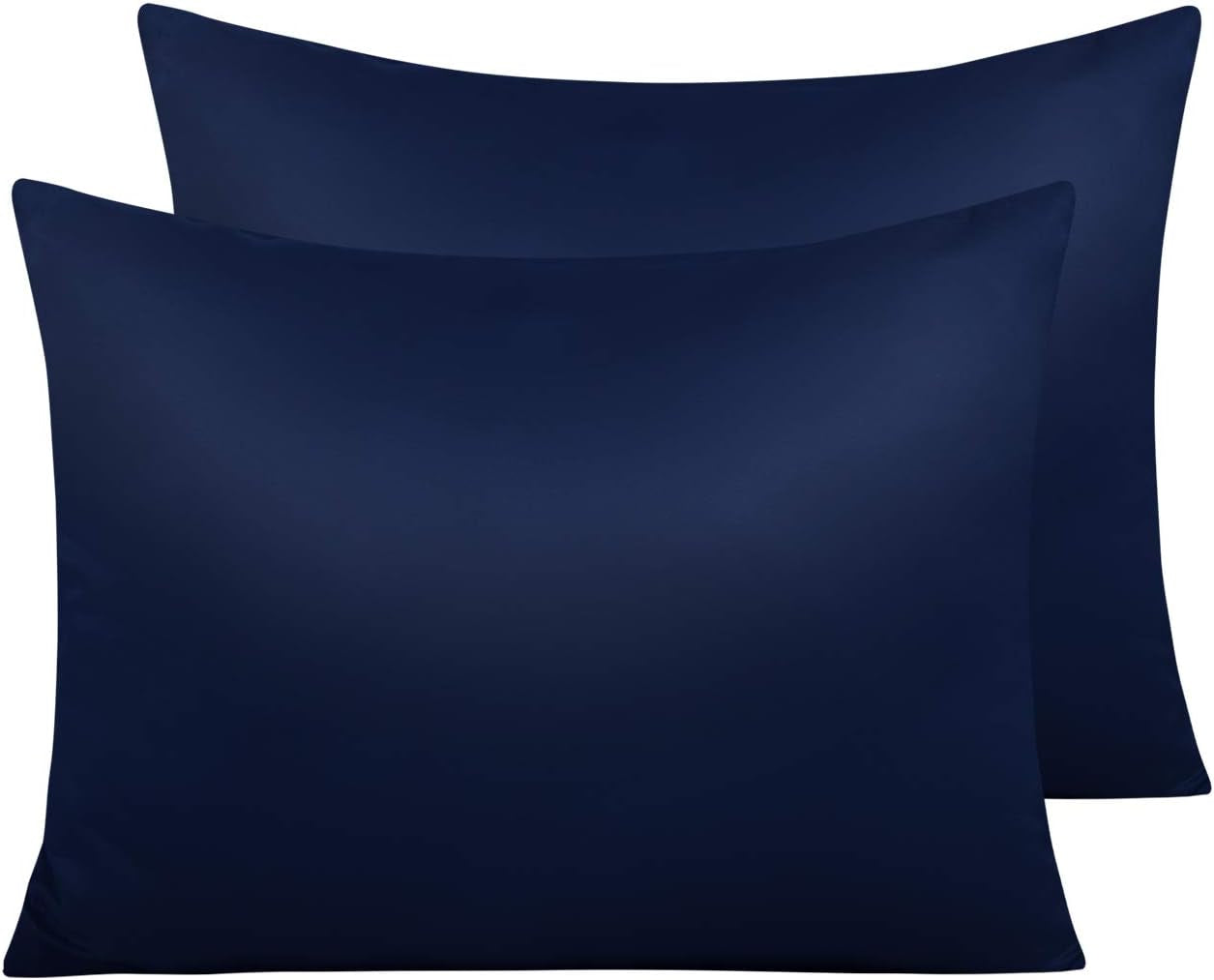 Zippered Satin Pillow Cases for Hair and Skin, Luxury Standard Hidden Zipper Pillowcases Set of 2, 20X26 Inches, Navy Blue