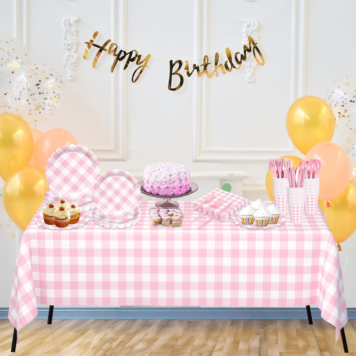 176 PCS Pink and White Gingham Plates and Napkins, Light Pink Checkered Disposable Plates Set with Napkins Cups Plastic Spoons Forks Knives for Birthday Baby Shower Wedding Supplies Serve 25 Guests