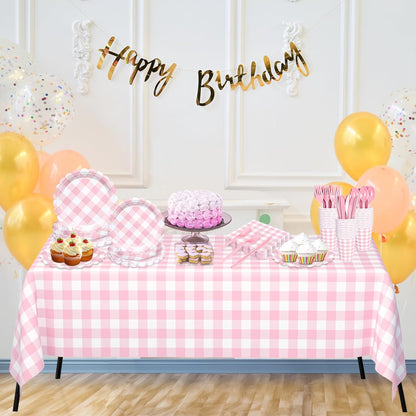 176 PCS Pink and White Gingham Plates and Napkins, Light Pink Checkered Disposable Plates Set with Napkins Cups Plastic Spoons Forks Knives for Birthday Baby Shower Wedding Supplies Serve 25 Guests