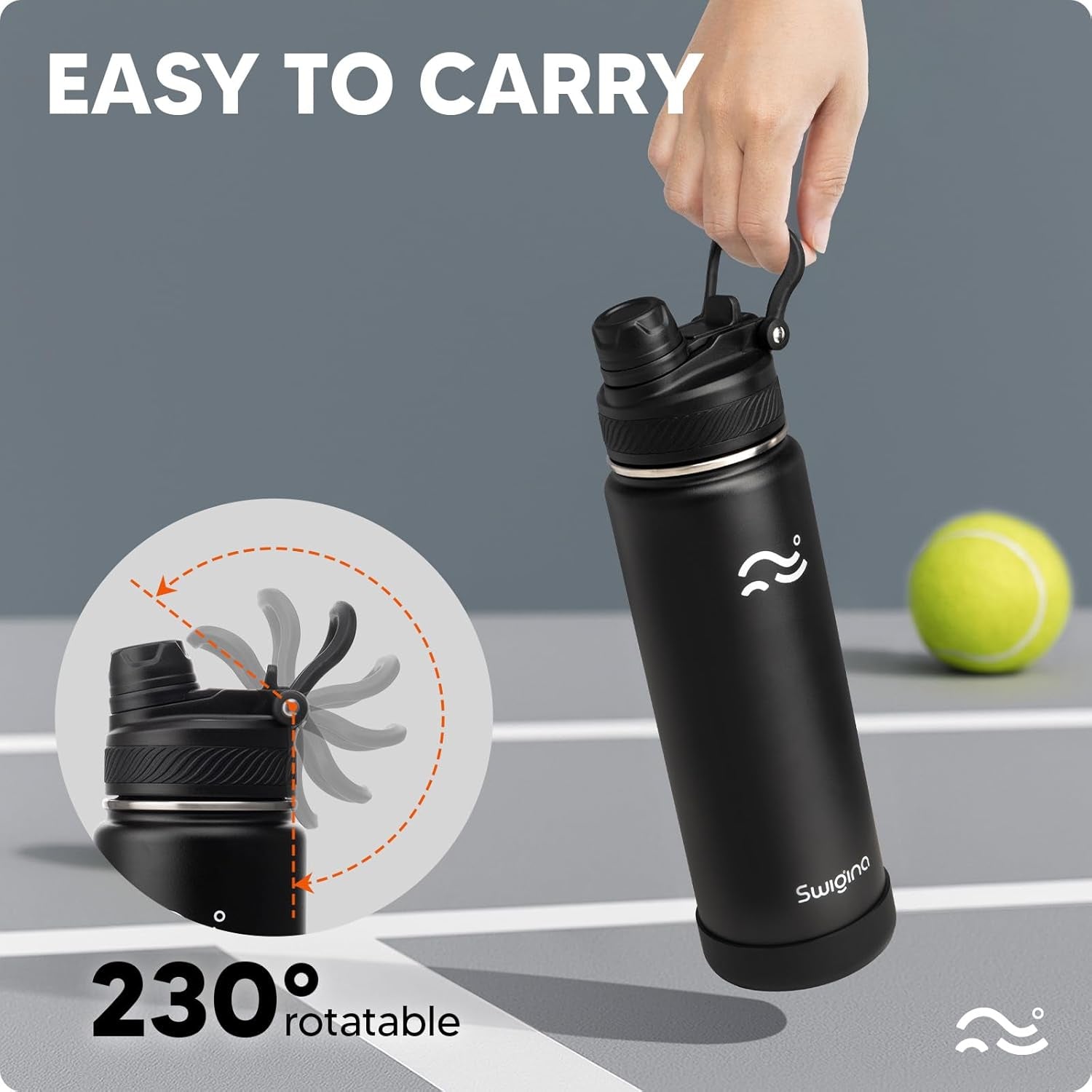 [2-IN-1 LID] Insulated Water Bottle with Silicone Boot (36Hrs Cold/18Hrs Hot) - DIY Stickers, Leakproof, BPA Free, Black, 24 Oz