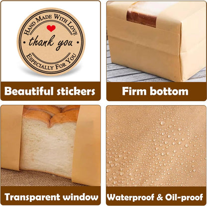 50 Pcs Large Paper Bread Bags for Sourdough (13.7X8.2X3.7 In) – Kraft Bread Packaging for Homemade with Window, 50 Cute Stickers – Bakery Bags for Gifting & Storage