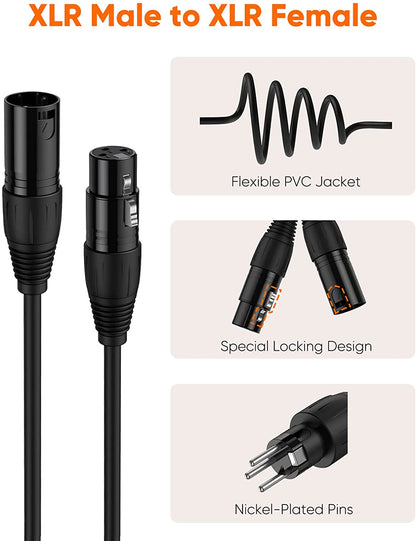 XLR to XLR Cable 6FT, X LR Male to X LR Female Microphone Cable, Balanced 3 PIN Compatible with Shure SM Microphone, Behringer, Speaker Systems, Radio Station and More, Black