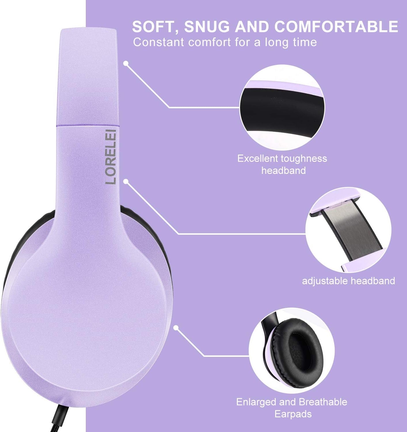 X6 Over-Ear Headphones with Microphone, Purple-Black Lightweight Foldable & Portable Stereo Bass, Wired for Smartphone & Tablet, MP3 (1.45M No-Tangle)