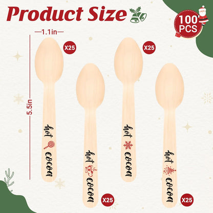 100 Pcs Hot Cocoa Bar Spoons, Wooden Chocolate Spoons for Hot Cocoa Coffee Cake Ice Cream