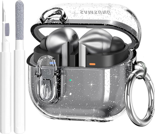 Compatible with Samsung Galaxy Bud 3 Pro Case/Buds3 Case Cover Clear Lock Clip with Cleaner Kit, Bling Transparent TPU Galaxy Buds Pro 3 Protective Cover Men Women with Carabiner, Glitter Clear