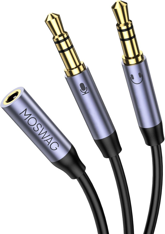 Headphone Splitter for Computer, 3.5Mm Female to 2 Dual 3.5Mm Male Cable for PC Gaming, Headphone Mic Splitter for PC 24K Gold-Plated with Noise Cancellation for Laptop/Speakers/Mic