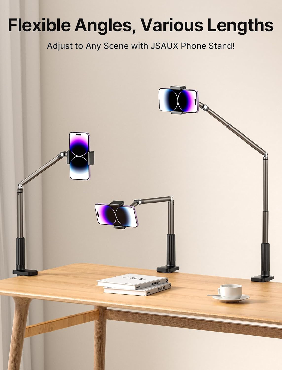Phone Holder for Desk and Bed Compatible with Iphone 16 15 14 13 12 Overhead Phone Mount Gooseneck Phone Stand Flexible 360 Lazy Long Arm Clamp Clip for Table Bedside [1-Pack, Black]
