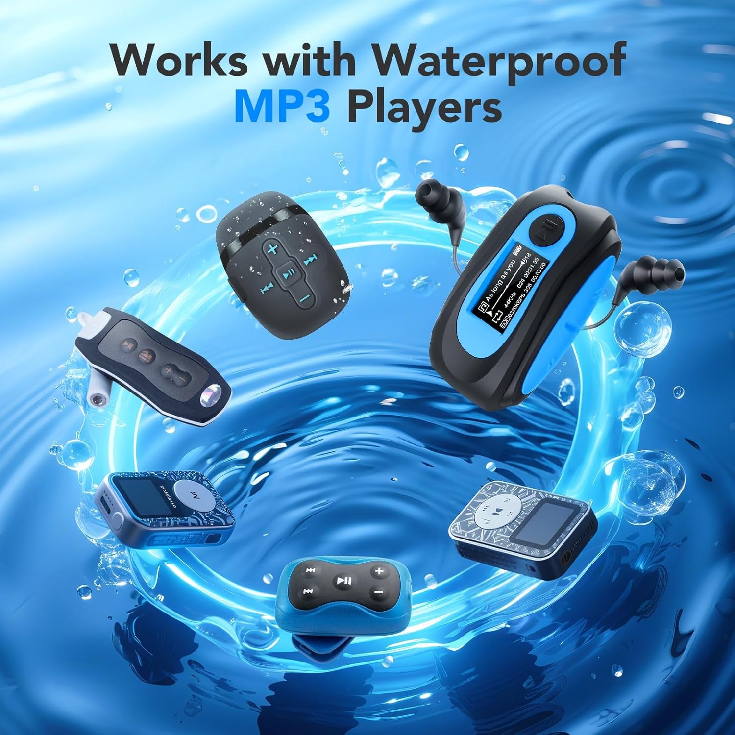 IPX8 Waterproof In-Ear Earphones, Coiled Cable Swimming Earbuds with Stereo Audio Extension Cable, Wired,Black