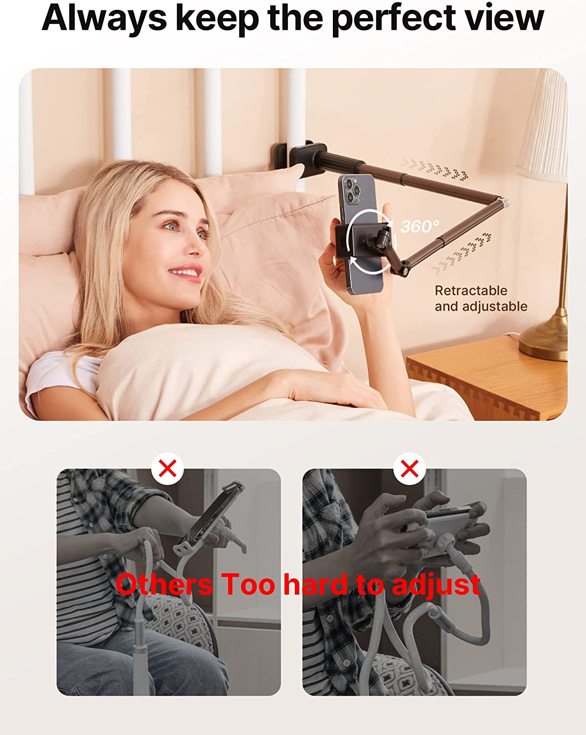 Phone Holder for Desk and Bed Compatible with Iphone 16 15 14 13 12 Overhead Phone Mount Gooseneck Phone Stand Flexible 360 Lazy Long Arm Clamp Clip for Table Bedside [1-Pack, Black]