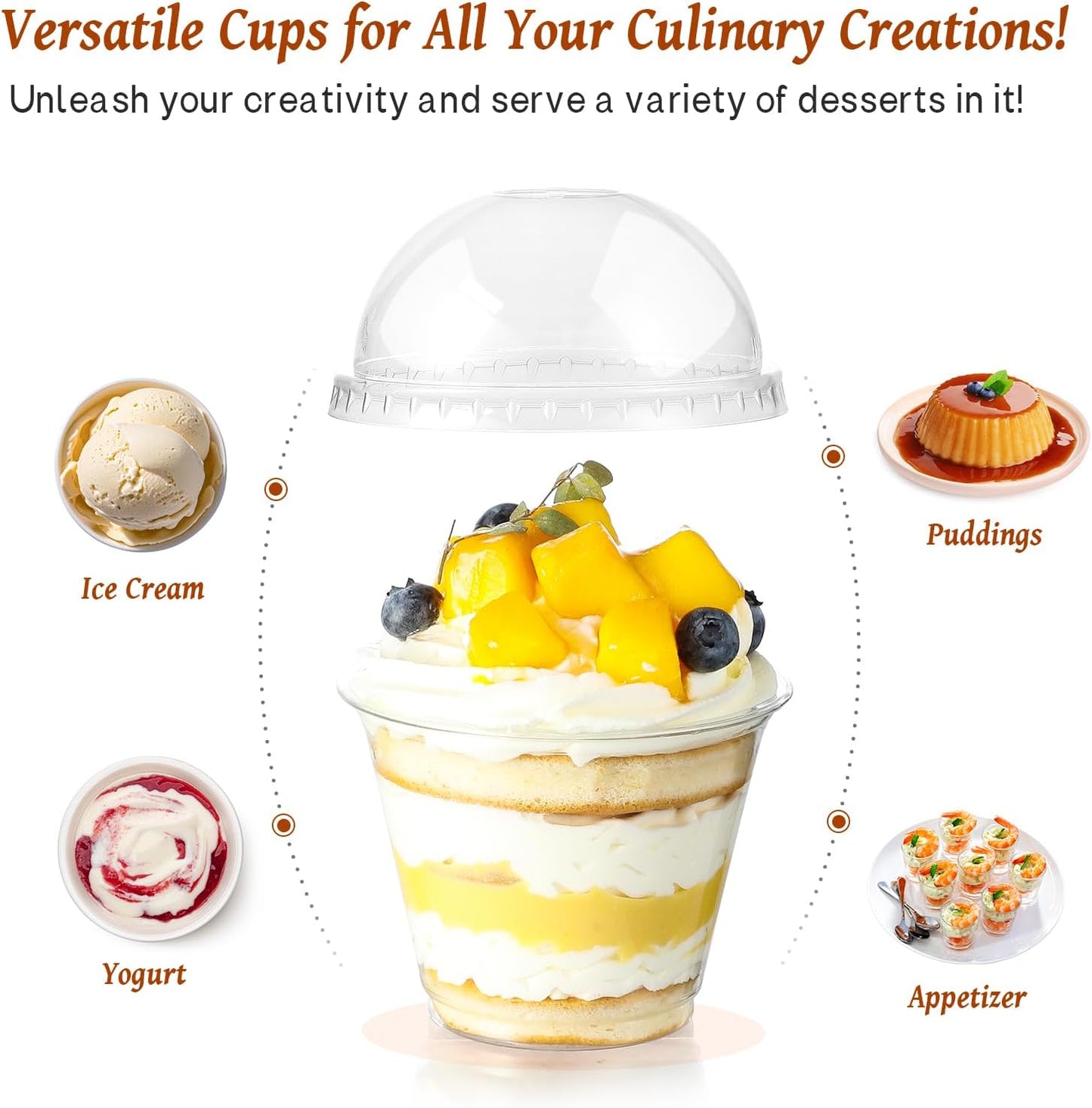 50 Sets, 9 Oz Clear Plastic Cups with Dome Lids (No Hole) - Disposable Cups for Ice Cream,Cake,Fruit,Parfait, Dessert, Pudding and Jello Shot