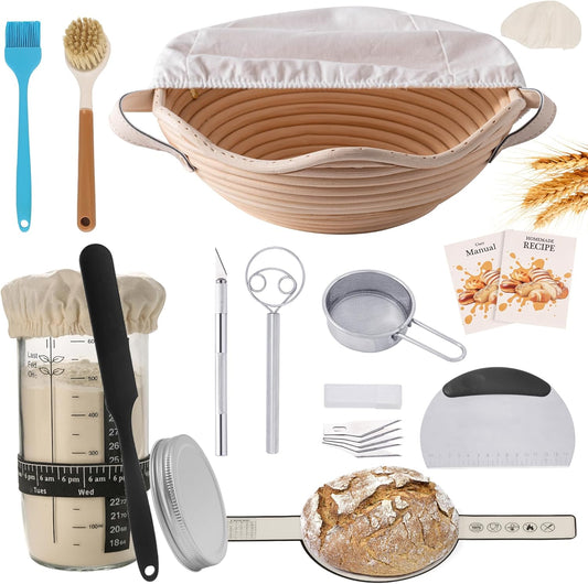 Complete Sourdough Starter Kit with Banneton Proofing Basket & Dough Scraper – All-In-One Bread Baking Set for Homemade Artisan Sourdough