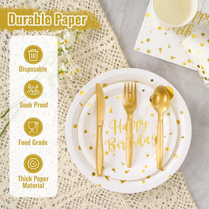 Happy Birthday Paper Plates Set, 175 PCS Disposable Dinnerware Set for 25 Guests, White Gold Dot Paper Plates Napkins Cups Gold Plastic Forks Knives Spoons for Birthday Party Decor