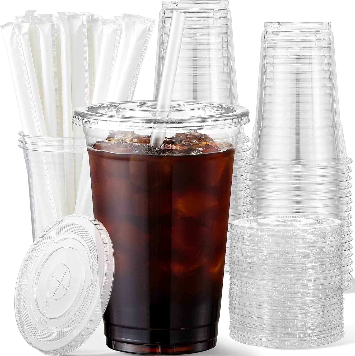 16 Oz Plastic Cups with Lids and Straws, 50 Pack, Disposable Iced Coffee Cups with Lids, Clear Cups with Lids for Cold Drinks, Iced Tea, Milkshakes, Smoothies - Durable & BPA Free