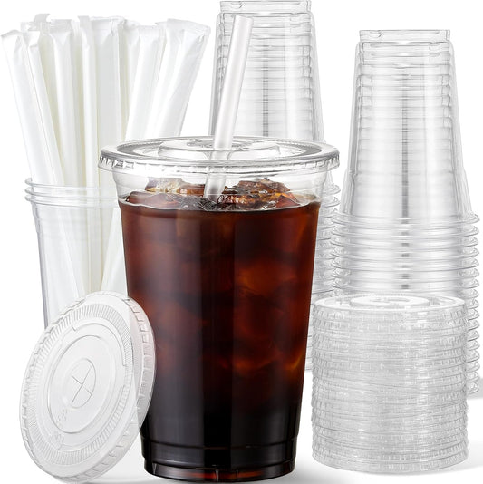 16 Oz Plastic Cups with Lids and Straws, 50 Pack, Disposable Iced Coffee Cups with Lids, Clear Cups with Lids for Cold Drinks, Iced Tea, Milkshakes, Smoothies - Durable & BPA Free