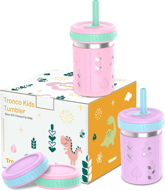 [2 Pack] 10 Oz 2-In-1 Stainless Steel Kids Tumbler Cups with Silicone Sleeves, Spill-Resistant Flexible Straws & Storage Lids, Bpa-Free Smoothie and Snack Cups, Dishwasher Safe