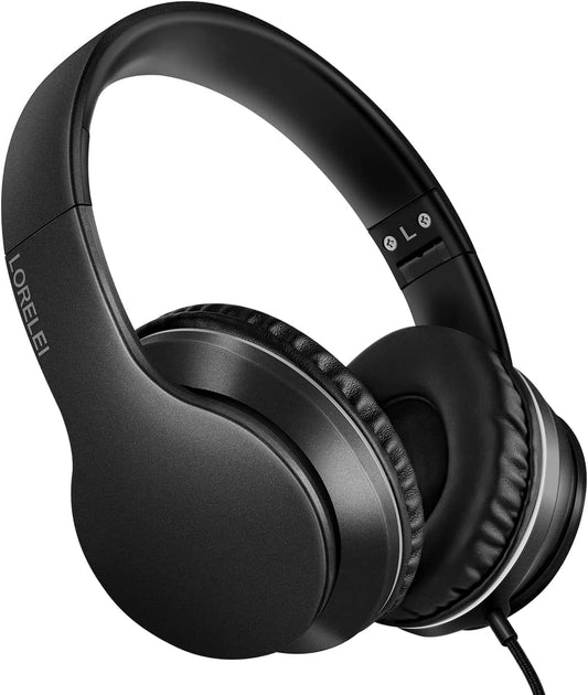X6 Over-Ear Headphones with Microphone, Lightweight Foldable & Portable Stereo Bass Headphones with 1.45M No-Tangle, Wired Headphones for Smartphone Tablet MP3 / 4 (Space Black)