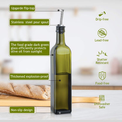 [2 PACK 17 Oz Glass Olive Oil Dispenser Bottle Set - 500Ml Dark Green Oil & Vinegar Cruet Bottle with Pourers, Funnel and Labels - Olive Oil Carafe Decanter for Kitchen