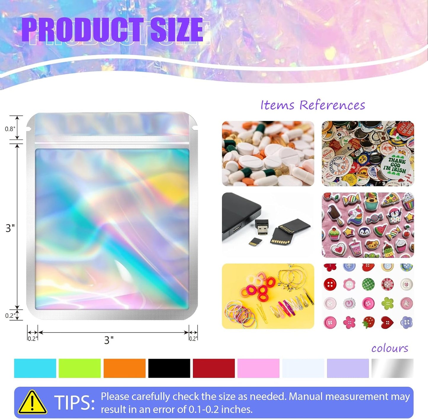 100 Pcs Mylar Bags, Resealable Holographic Bags, Sealable Packaging Bag for Small Business, Freshie Supplies, Candy Sample Jewelry Product Bag, Foil Pouch for Party Favor (3×3 Inch, Green)