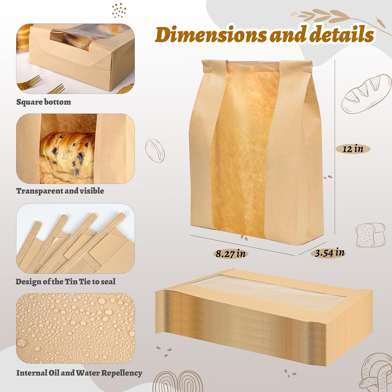 50 Pack Sourdough Bread Bags for Homemade Bread with Tin Tie Tab Lock Bakery Bags with Window Kraft Bag for Toast Sandwich Cookie Snacks Packaging Storage and Gifting(8.27X13.6X3.54In)