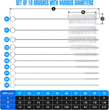 10 Piece Stainless Steel Straw Cleaning Brush Set - Durable Nylon Bristles - Multi-Size for Reusable Straws, Sippy Cups, and Narrow Neck Containers