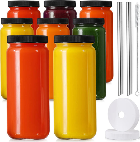 [ 8 Pack ] Glass Juicing Bottles with 2 Straws & 2 Lids W Hole- 16 OZ Travel Drinking Jars, Water Cups with Black Airtight Lids, Reusable Tall Mason Jar for Juice, Bubble Tea, Smoothie, Tea, Kombucha