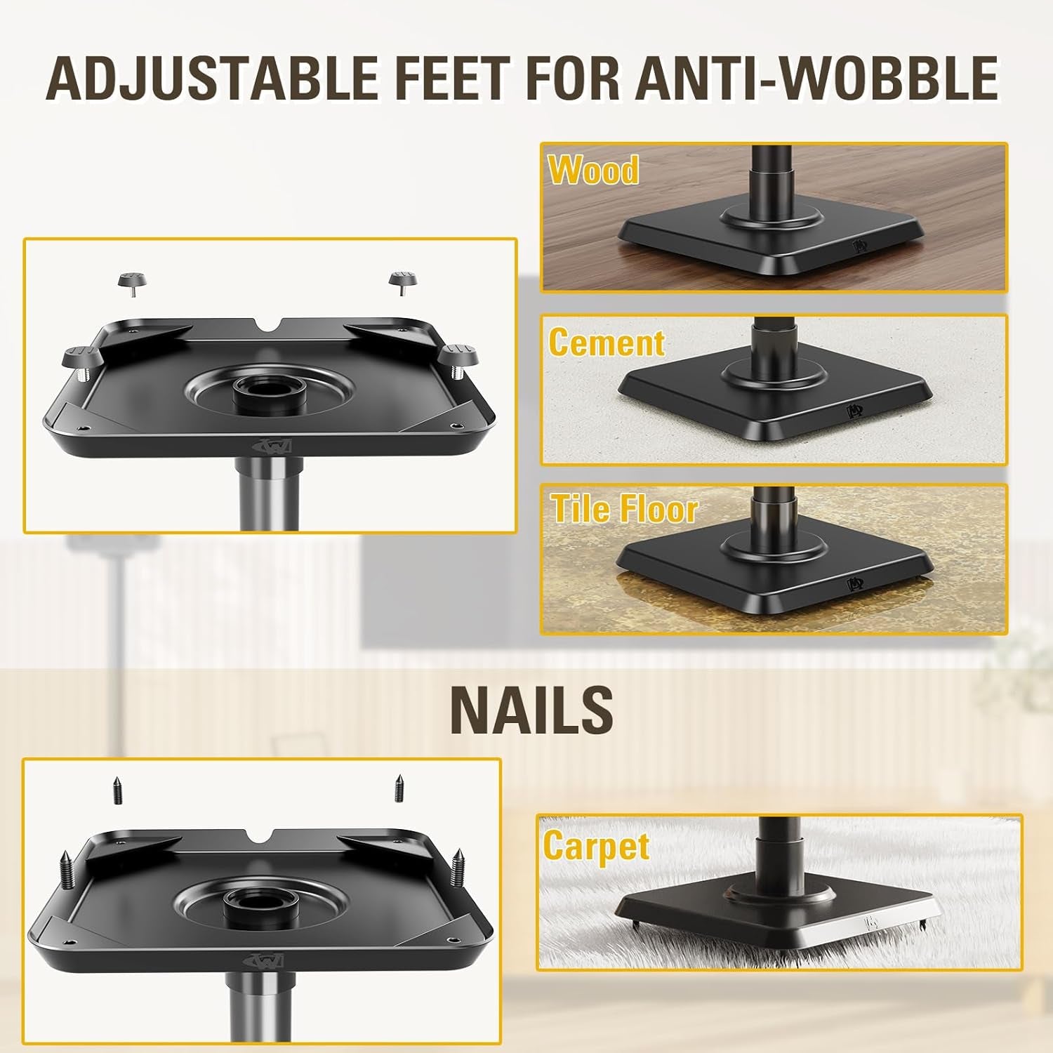 Black Alloy Steel Speaker Stands, Height Adjustable Bookshelf Speaker Stand Pair, Universal Fit, 11 Lbs Capacity, Set of 2 for Bose Polk JBL Sony Yamaha - 42" Max Height