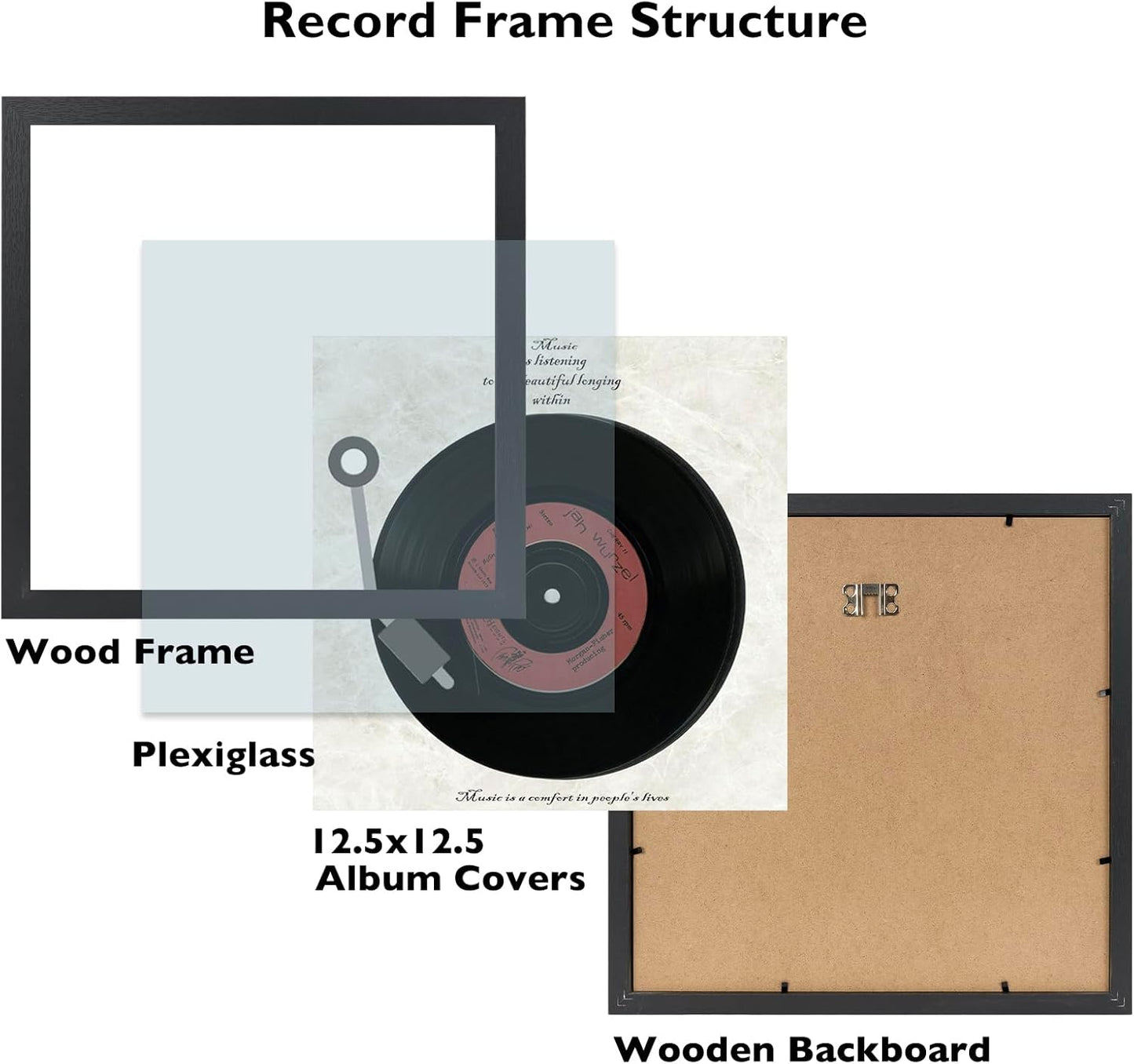 Wood Vinyl Record Frame for the Wall, Display 12.5X12.5 Album Cover and 12X12 LP Vinyl Record with Cover, Album Frames, Sturdy 12.5X12.5 Frame Black, 1 Pack
