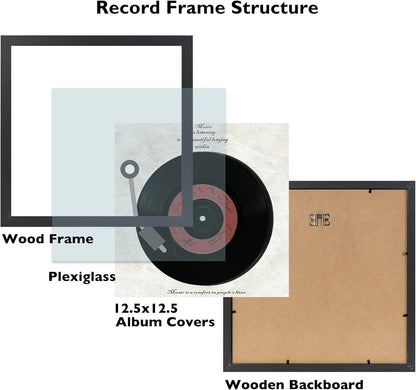 Wood Vinyl Record Frame for the Wall, Display 12.5X12.5 Album Cover and 12X12 LP Vinyl Record with Cover, Album Frames, Sturdy 12.5X12.5 Frame Black, 1 Pack