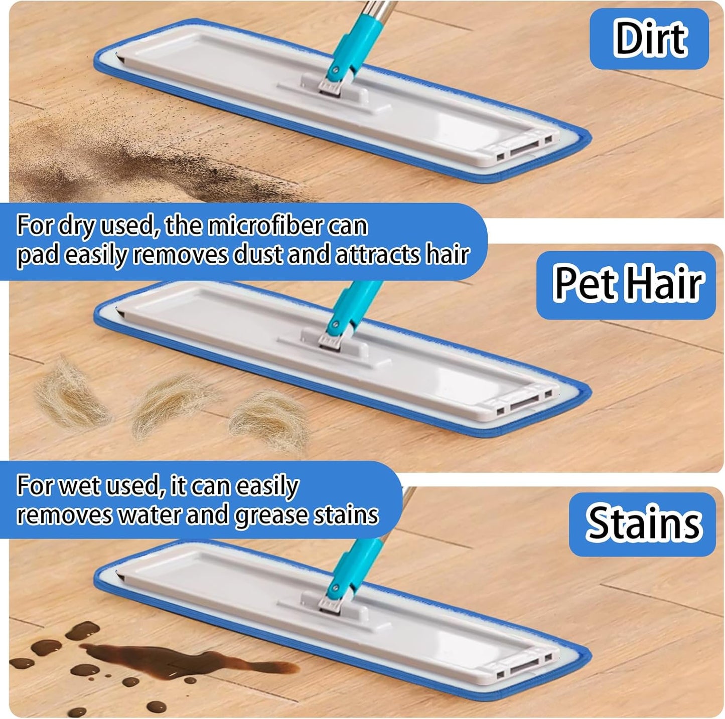 4 PCS Replacement Mop Pads, Microfiber Cleaning Mop Compatible with Bona Mop, Washable & Reusable Mop Refill Pads for Hardwood Floor,18 Inch, Blue