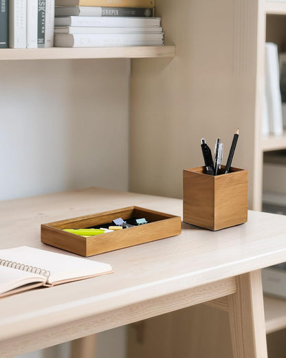 Wooden Desk Organizer Tray with Pen Holder, Non-Slip Desk Tray and Pencil Holder Set with Felt Lined, Desktop Accessories for Home Office Workspace Organization