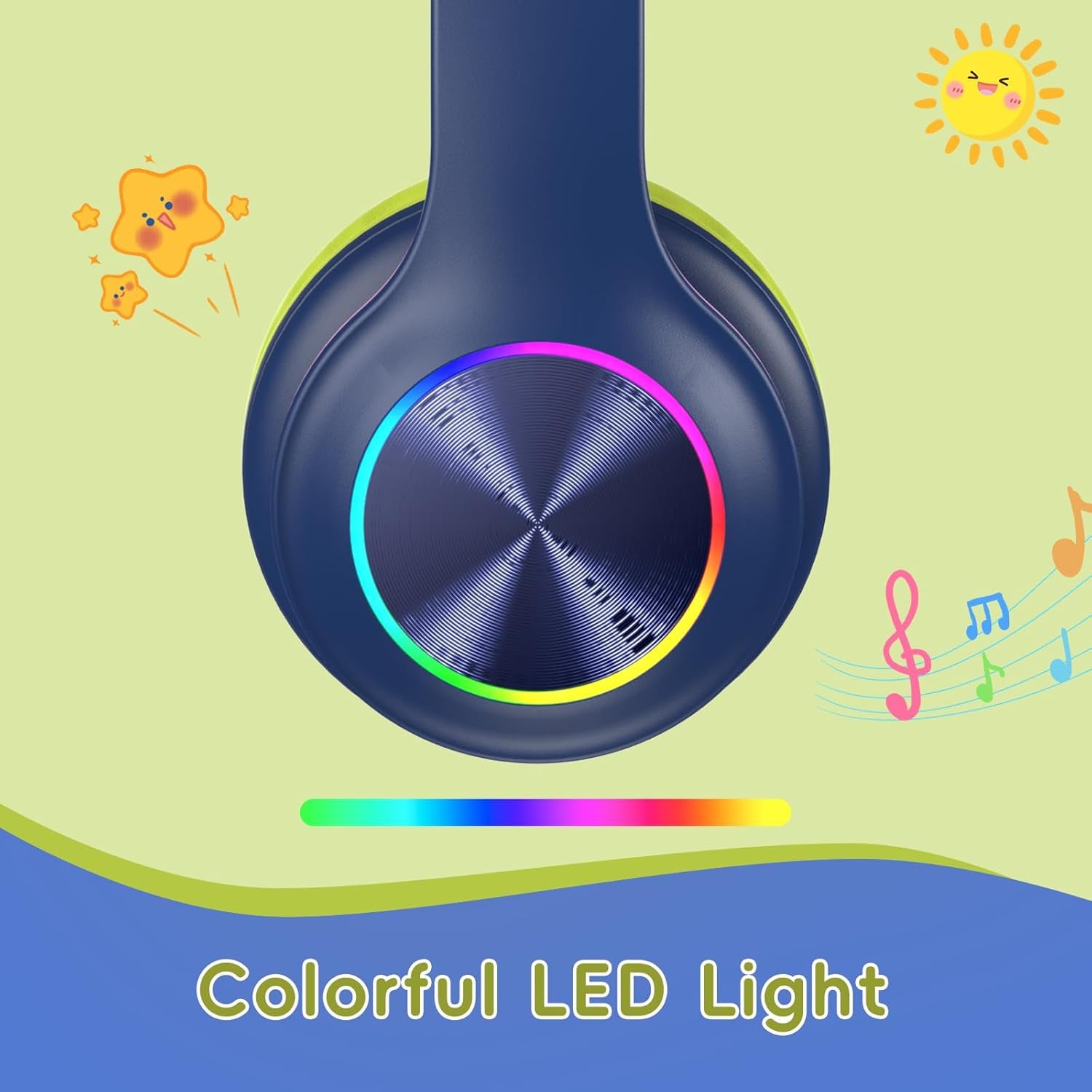 Kids Bluetooth 6.0 Headphones with LED Light, 85Hours Playtimes, Type-C Fast Charging, 85/94Db Volume Limited, Wireless Headphones with Built-In Mic, Wired & TF Card Mode, Blue and Green