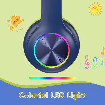 Kids Bluetooth 6.0 Headphones with LED Light, 85Hours Playtimes, Type-C Fast Charging, 85/94Db Volume Limited, Wireless Headphones with Built-In Mic, Wired & TF Card Mode, Blue and Green