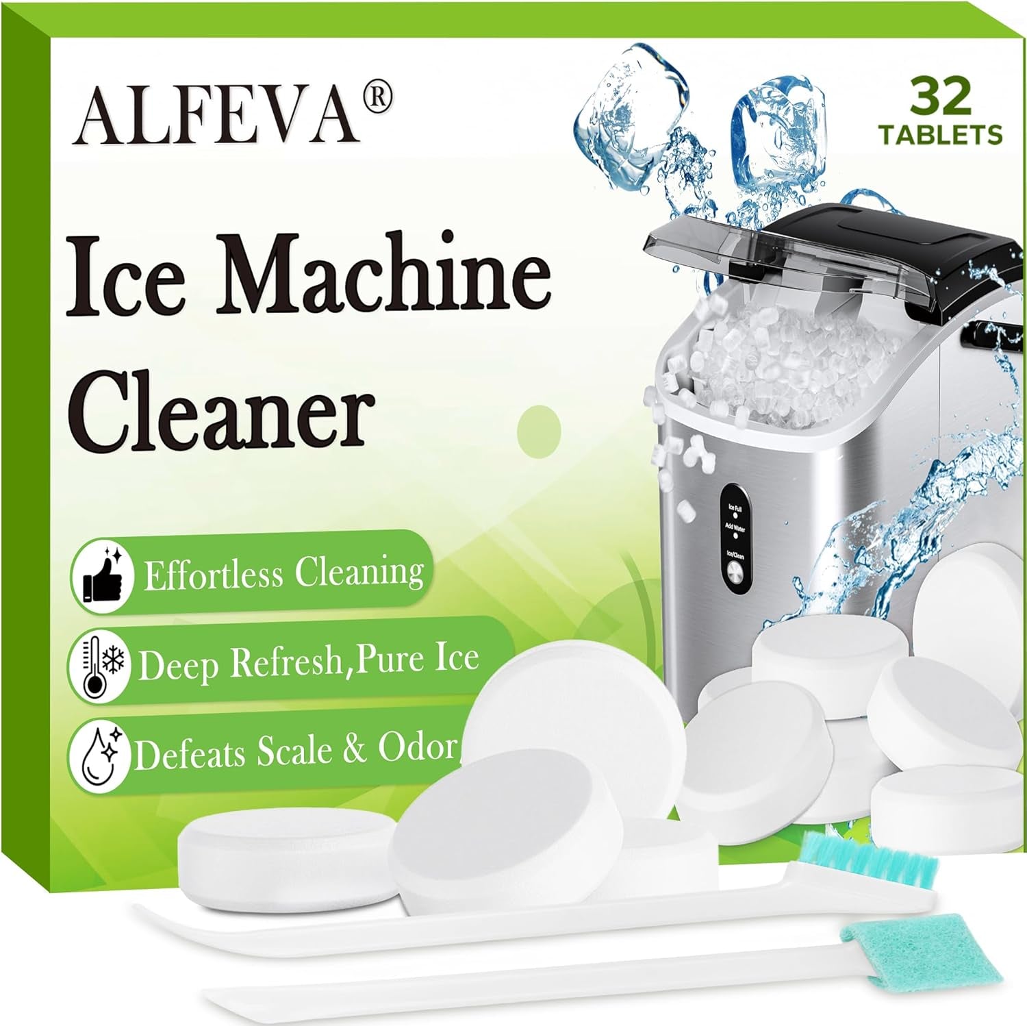 Ice Machine Cleaner Descaler Tablets (32Pack) with 2 Cleaning Brushes,Ice Maker Cleaner Ideal for Frigidaire,Opal,Ge Profile, Kitchenaid Countertop Units.Removes Lime Scale,Calcium.