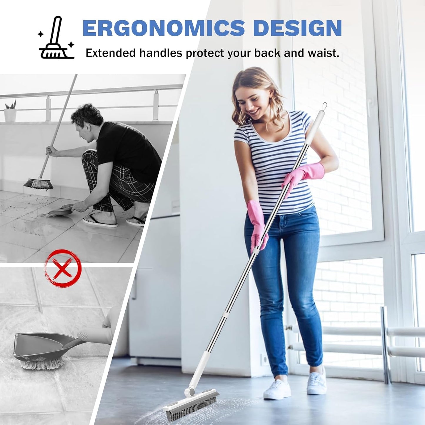 Grout Cleaner Brush with Long Handle, V-Shaped Floor Scrub Brush Swivel Grout Brush Stiff Bristle Floor Grout Scrubber for Bathroom, Tile Line, Crevice, Kitchen, Wall, Deck, Garage, White Grey